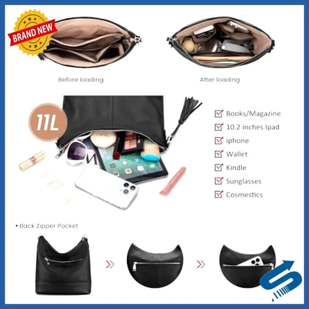 Genuine Leather Hobo Crossbody Bag with Removable Straps, 11L Capacity